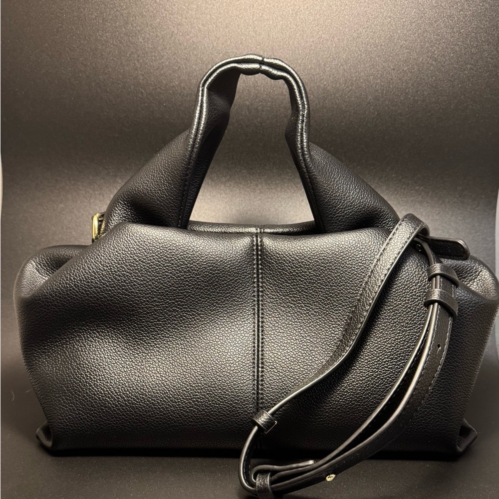 Black Asymmetrical Leather Shoulder Bag with Adjustable Strap